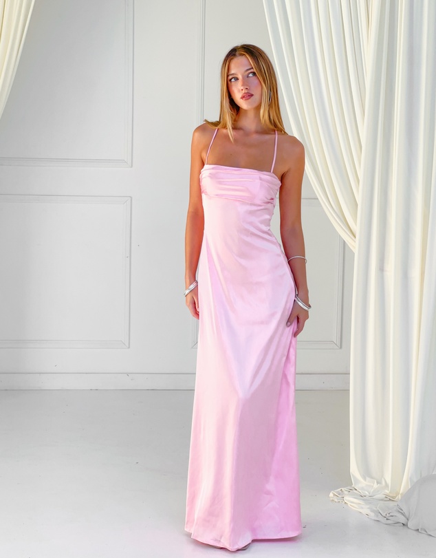 Beginning Boutique - Blaise Pink Satin Maxi Dress
