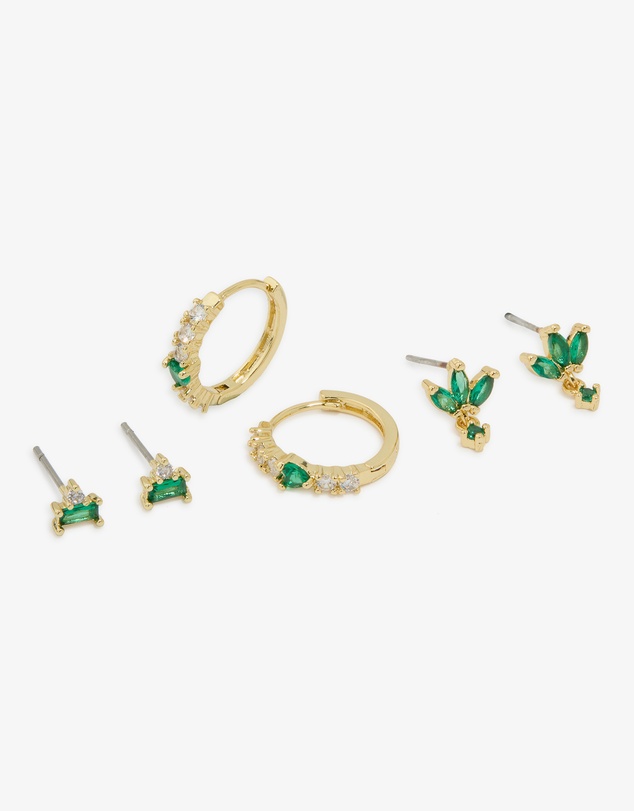 Lovisa - Gold Plated Brass Emerald Flower Stud & Huggie Earrings 3-Pack