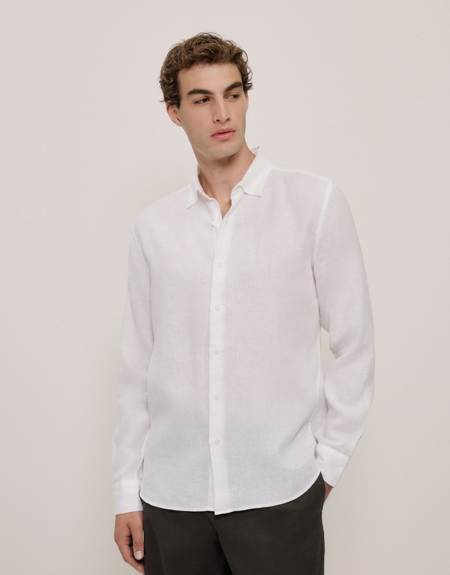 Trenery - Tailored Fit Linen Long Sleeve Shirt in White