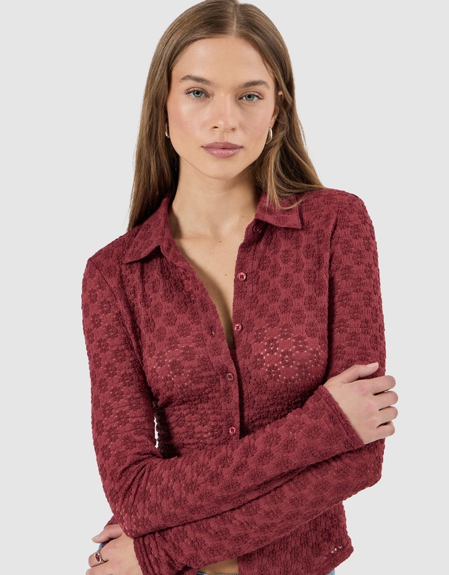 Rolla's - Daisy Lace Long Sleeve Shirt - Dark Cherry