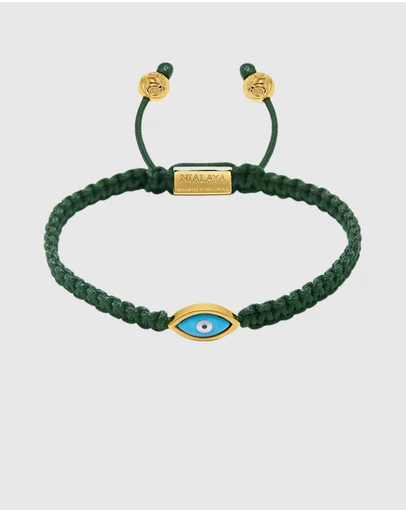 Nialaya Jewellery - Men's Dark Green String Bracelet with Gold Evil Eye