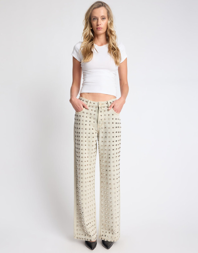 ONE TEASPOON - Jackson Mid Waist Wide Leg Studded Denim Jeans - Antique Khaki