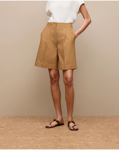 Trenery - Cotton Blend Longline Pleat Short in Rich Tan