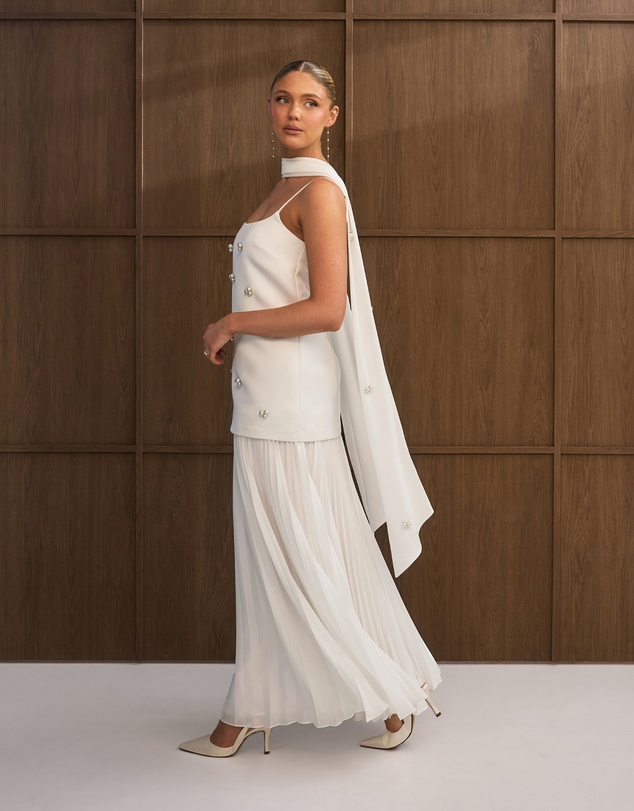 Six Stories - Embellished Pearl Strappy Maxi Dress with Neck Scarf