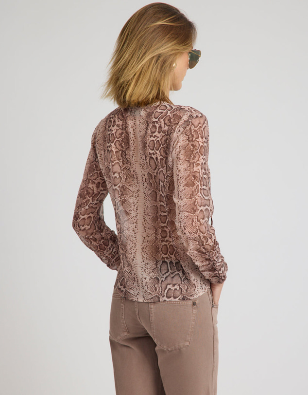 ONE TEASPOON - Brandy Sheer Chiffon Keyhole Long Sleeve Top - Cognac Snake