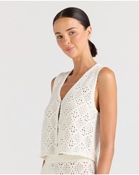 Poolside Paradiso - Messina Crochet V Knit Button Up Top - Vanilla