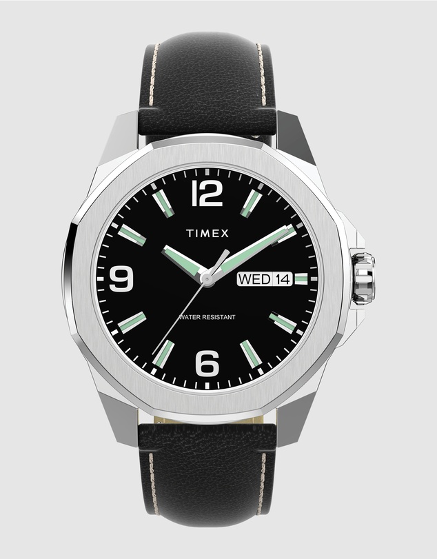 TIMEX - Essex Day & Date 46mm Leather Strap Watch