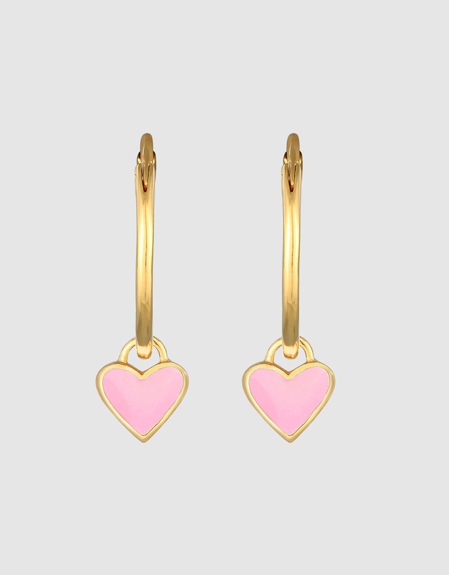 Elli Jewelry - Pink Enamel Heart Charm Hoop Earrings in Gold-Plated 925 Silver