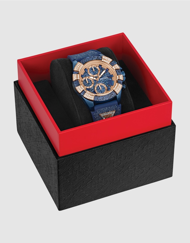 GUESS - ICONIC 40TH Denim 39mm Rose Gold-Tone Case Blue Silicone Strap