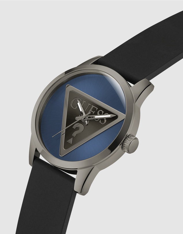GUESS - Guess Triangle Men's 44mm Blue Dial Gunmetal Case and Black Leather Strap