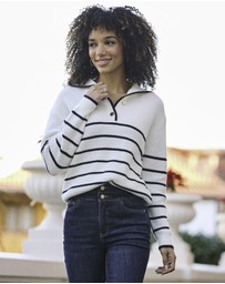 Sosandar - Stripe Gold Button Detail Collared Jumper