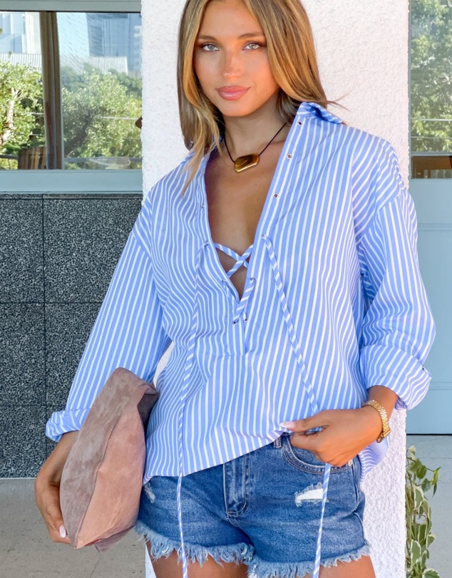 Beginning Boutique - Jasper Blue Pinstripe Lace Up Shirt Dress