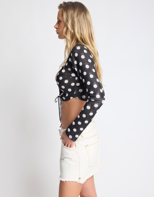 ONE TEASPOON - Polka Darling Sheer Mesh Longsleeve Crop Top - Black & White Polka Dot