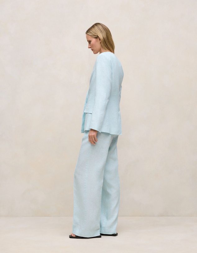 Trenery - Linen Collarless V Neck Blazer in Pastel Blue