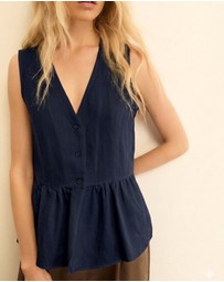Emme - Navy Linen Blend Peplum Top