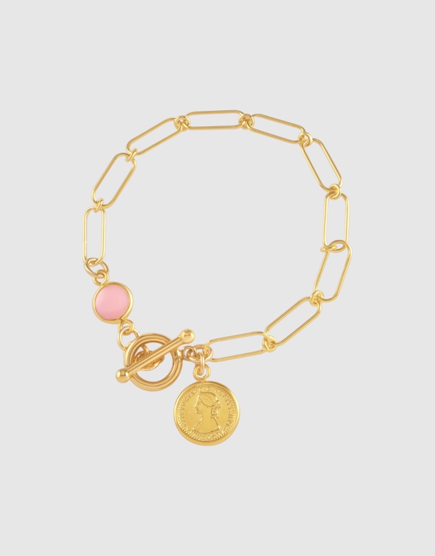 Von Treskow - Open Clip Chain Bracelet with Mini Coin & Pink Opal