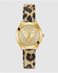 GUESS - Gold-Tone 34mm Champagne Dial with Crystals and Animal Print Leather Strap