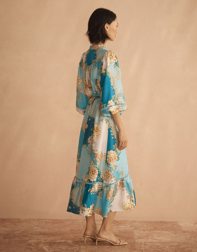 AUR OCEA - Silk Blousson Frill Midi Dress