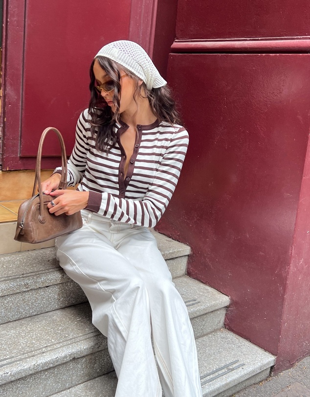 Beginning Boutique - Lottie Chocolate Stripe Round Neck Cardigan