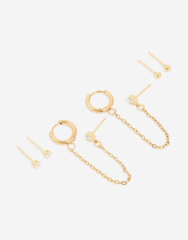 Lovisa - Waterproof Gold Plated Stainless Steel Diamante Stud & Chain Earrings 3-Pack