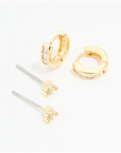 Lovisa - Gold Plated Cubic Zirconia Stud & Huggie Earrings 2-Pack