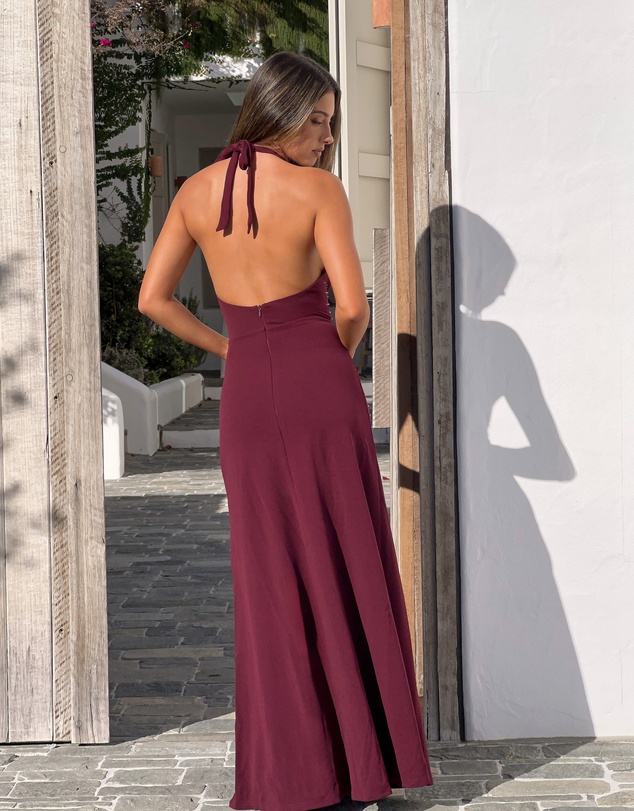 Beginning Boutique - Corey Burgundy Beaded Crepe Maxi Dress