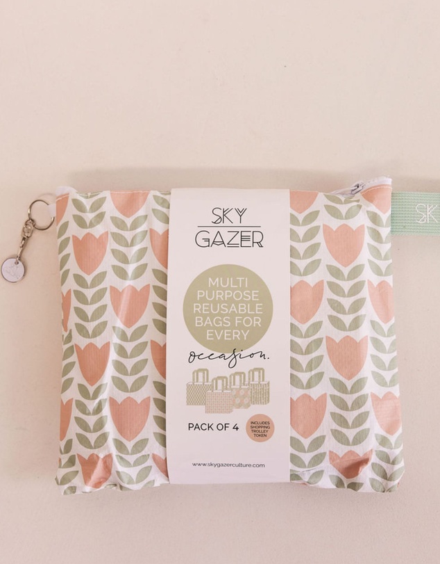 Sky Gazer - Multi-Use Reusable Bags (Pack of 4)- Green & Pink