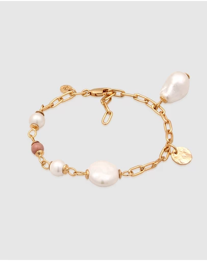 Elli Jewelry - Bracelet Rhodonite Shell Pearl 925 Sterling Silver Gold-Plated