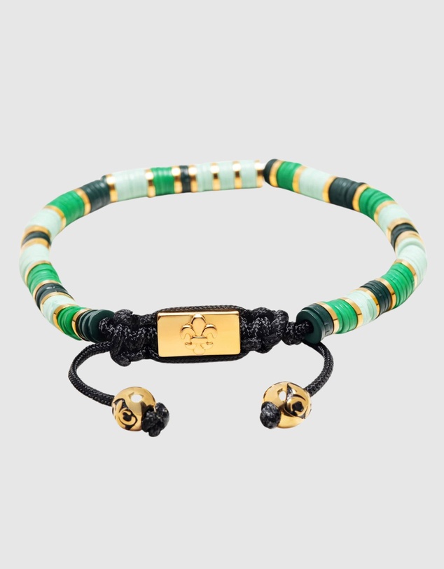 Nialaya Jewellery - Men's Beaded Bracelet with Green and Gold Disc Beads