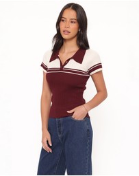 Petal & Pup - Maris Knit Polo Top - Burgundy/Cream Stripe