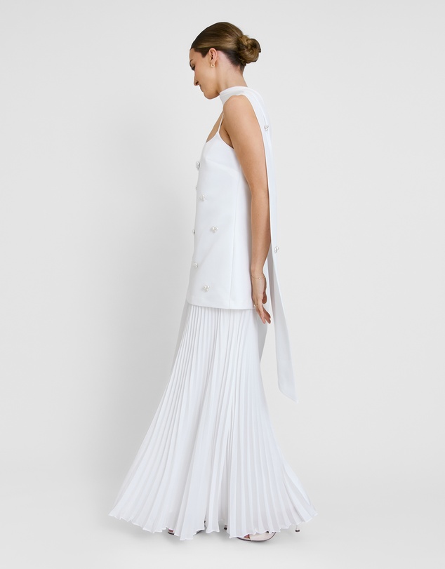 Six Stories - Embellished Pearl Strappy Maxi Dress with Neck Scarf