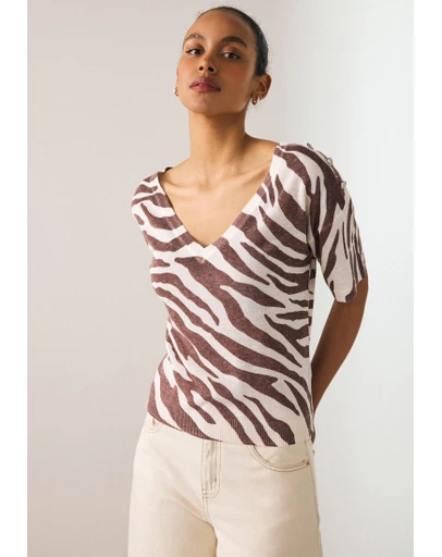 NEXT - V-Neck Gem Button Linen T-Shirt
