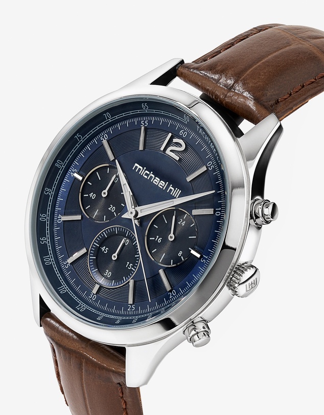 Michael Hill - Men's Chronograph Watch in Stainless Steel & Brown Leather