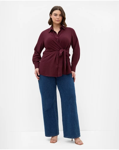 City Chic - Plus size Telia Side Tie Shirt - dark cherry