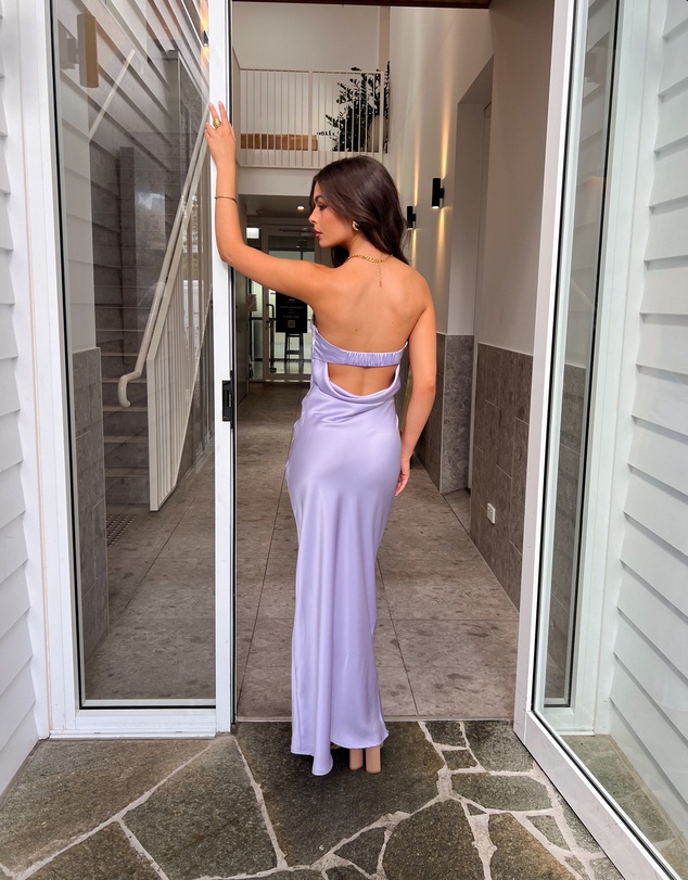 Beginning Boutique - Rhea Purple Satin Strapless Maxi Dress