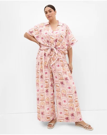 City Chic - Plus size Postcard Soiree Print Wide Leg Pant - sand