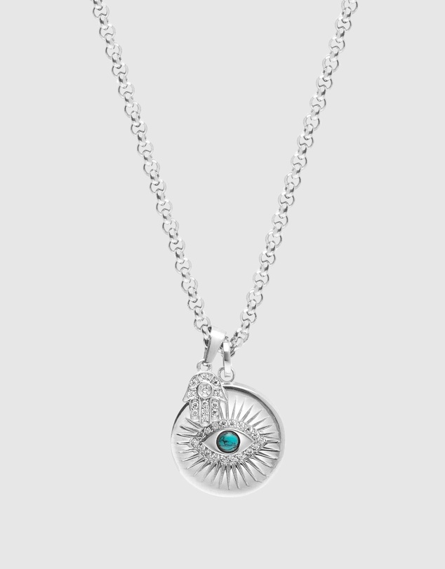 Nialaya Jewellery - Men's Silver Evil Eye and Hamsa Hand Necklace
