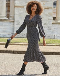 Sosandar - Black Spot Print Belted Midi Dress