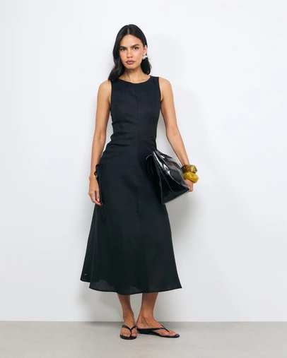 AERE - Orla Boatneck Ruched Waist Linen Midi Dress