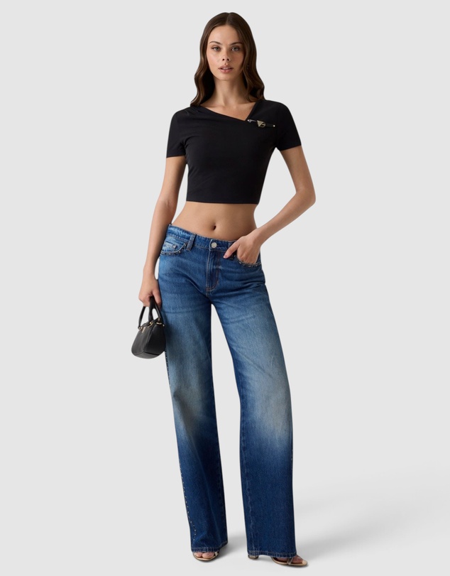 GUESS - Short Sleeve Karole Asymmetric Neck Crop Top