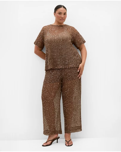 City Chic - Plus size Starlit Sequin Pant - mocha