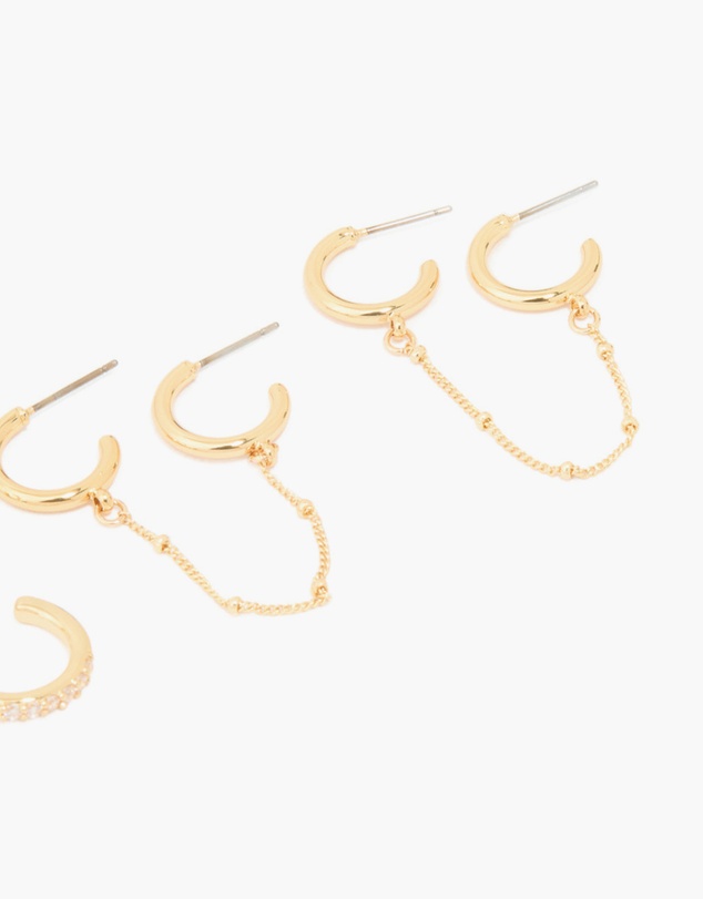 Lovisa - Gold Plated Brass Cubic Zirconia Hoop & Chain Earrings 3-Pack
