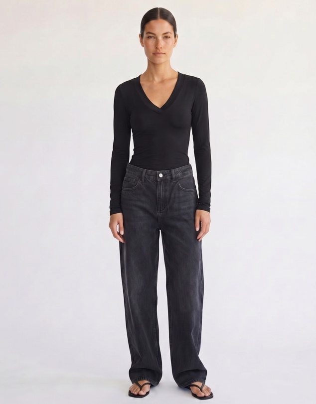 Style Addict - Margaux Deep V Henley Top - Black