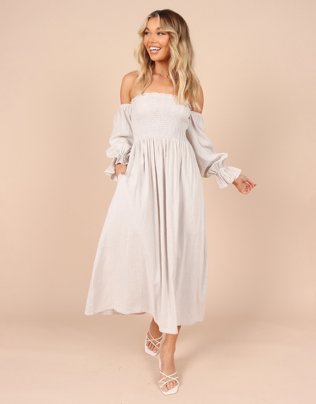 Petal & Pup - Domenica Shirred Long Sleeve Midi Dress - Beige Stripe