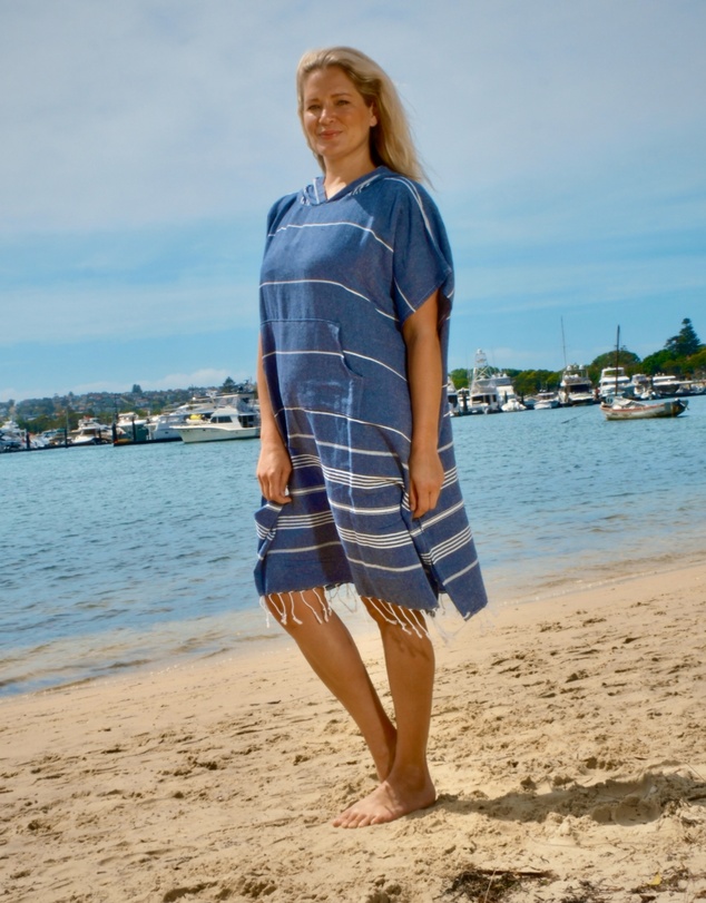 Tolu Australia - Adult Hooded Beach Towel in Navy Stripes – Quick-Dry Swim Poncho for Swimming & Surfing
