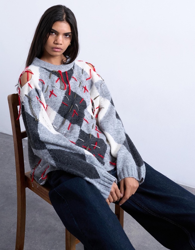 TOPSHOP - Knitted Argyle Distressed Jumper