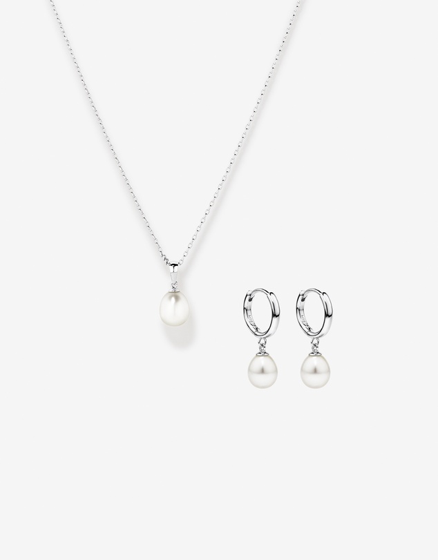 Michael Hill - Cultured Freshwater Pearl Drop Huggie Hoop Earrings and Pendant Necklace Set in Sterling Silver