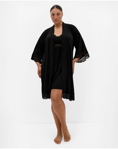 City Chic - Plus size Gizelle Lace Trim Sleep Robe - black
