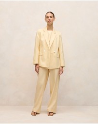 Trenery - Linen Cotton Herringbone Tailored Wide Leg Pant in Butter