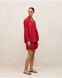 Trenery - Linen Pocket Detail Long Sleeve Shirt in Cherry Red